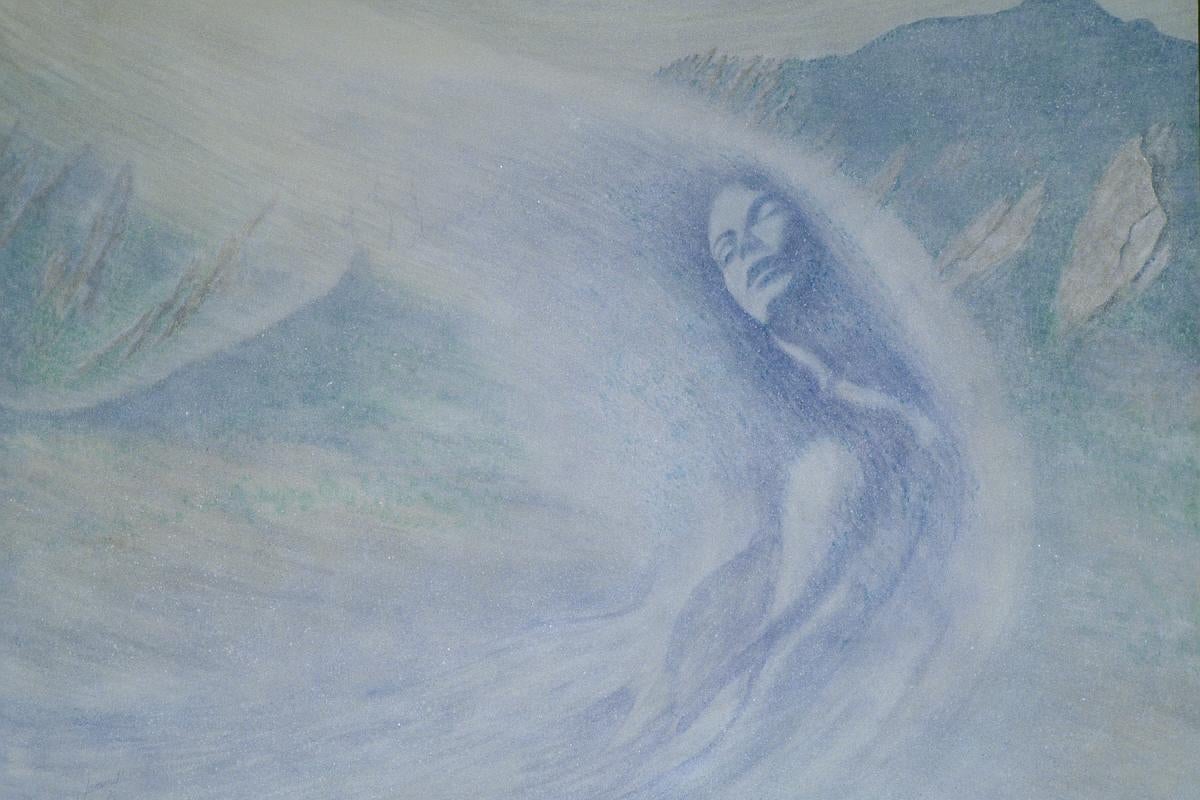 An abstract painting of a woman and snow-covered mountains
