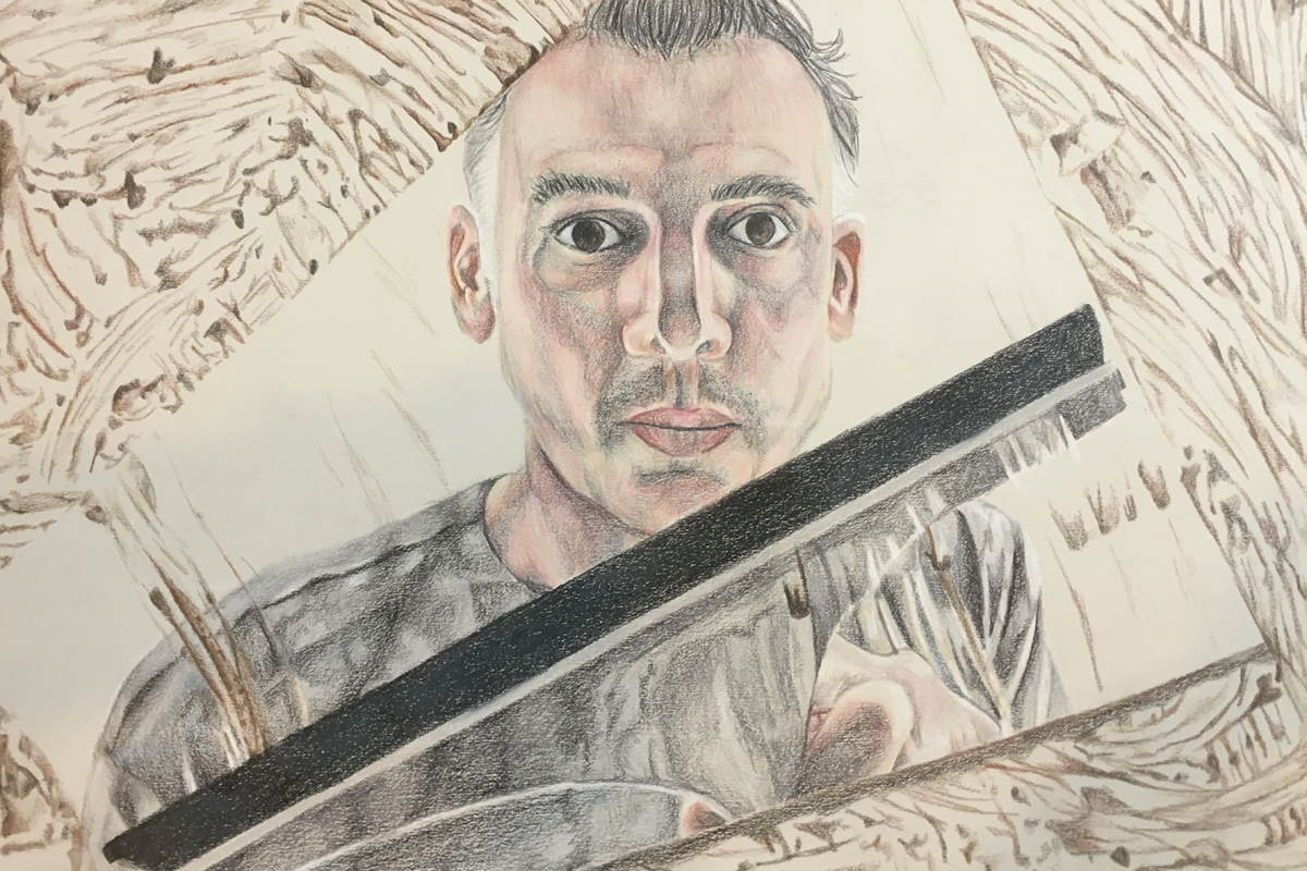 a colored pencil drawing of a man cleaning a window