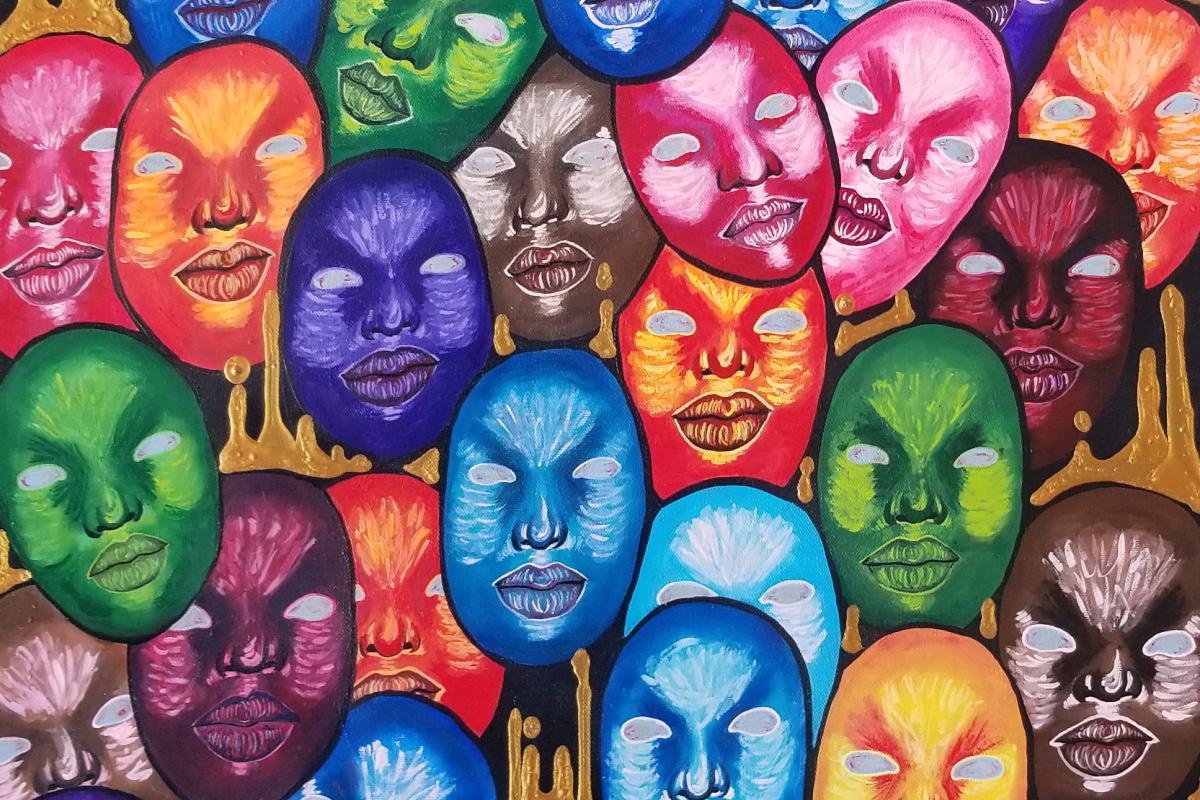 A painting of multi-colored face masks