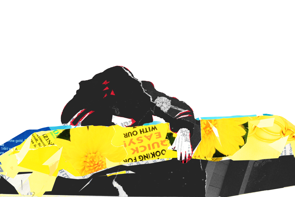 a digital collage of a man leaning over a coffin