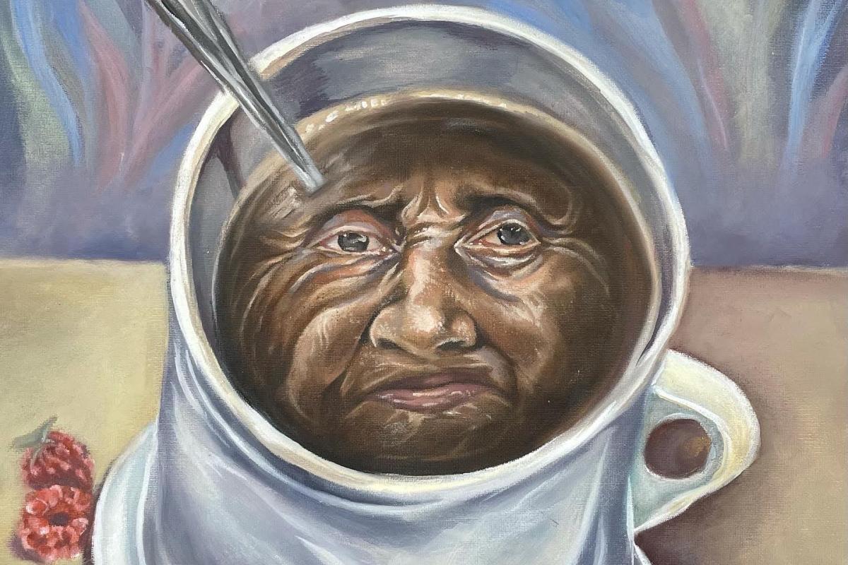 an oil painting of a mug of coffee with a face inside