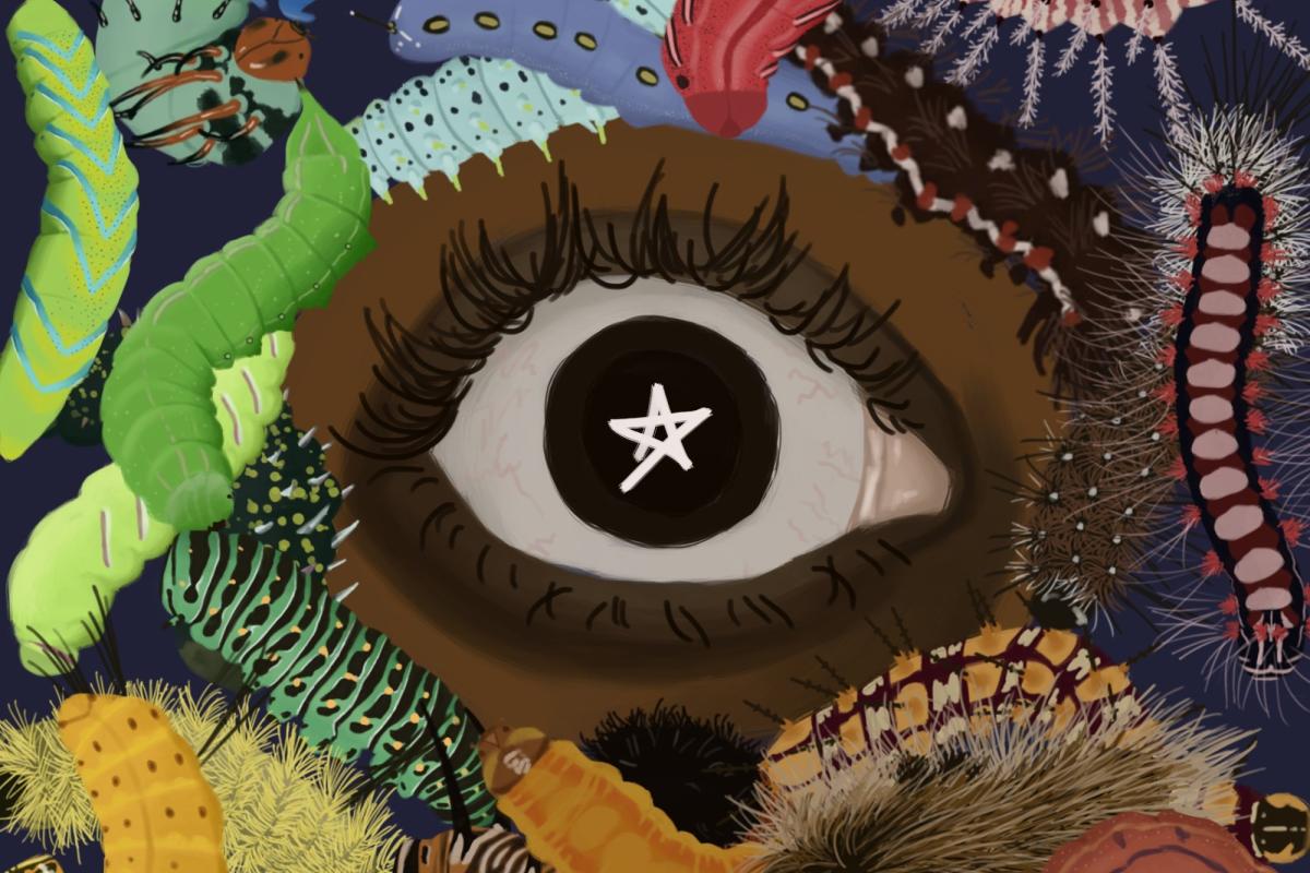 digital art of a human eye surrounded by worms and caterpillars