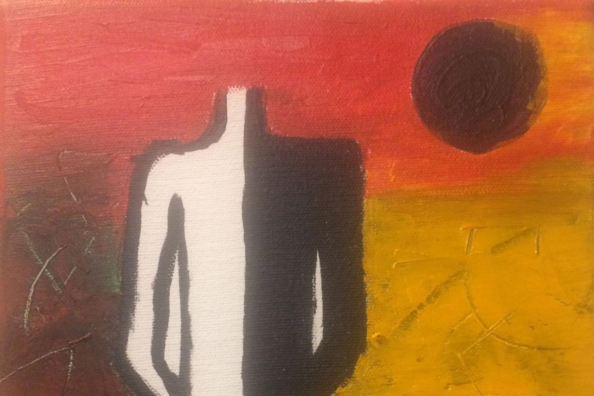 An abstract painting of a headless person on a colorful background