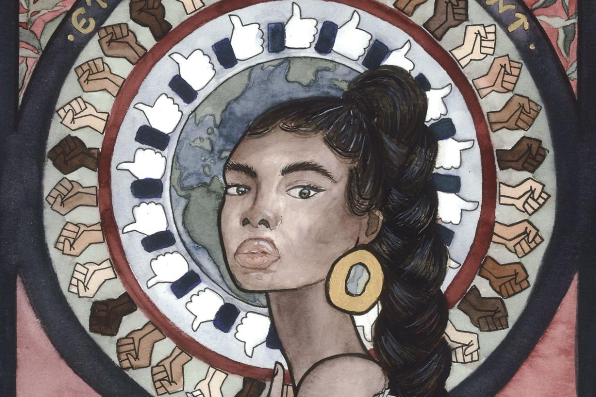 A watercolor of a woman with a long braid, a dragonfly and a circle of fists