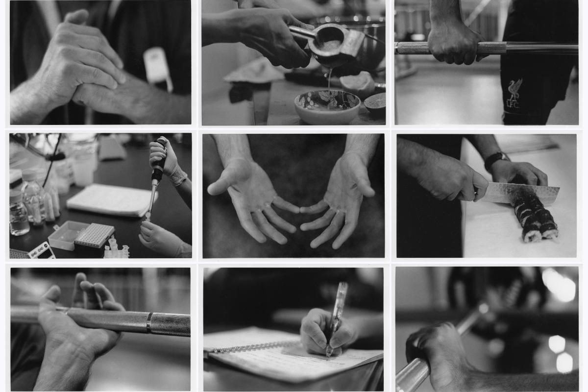 A set of black-and-white photos of hands performing various tasks