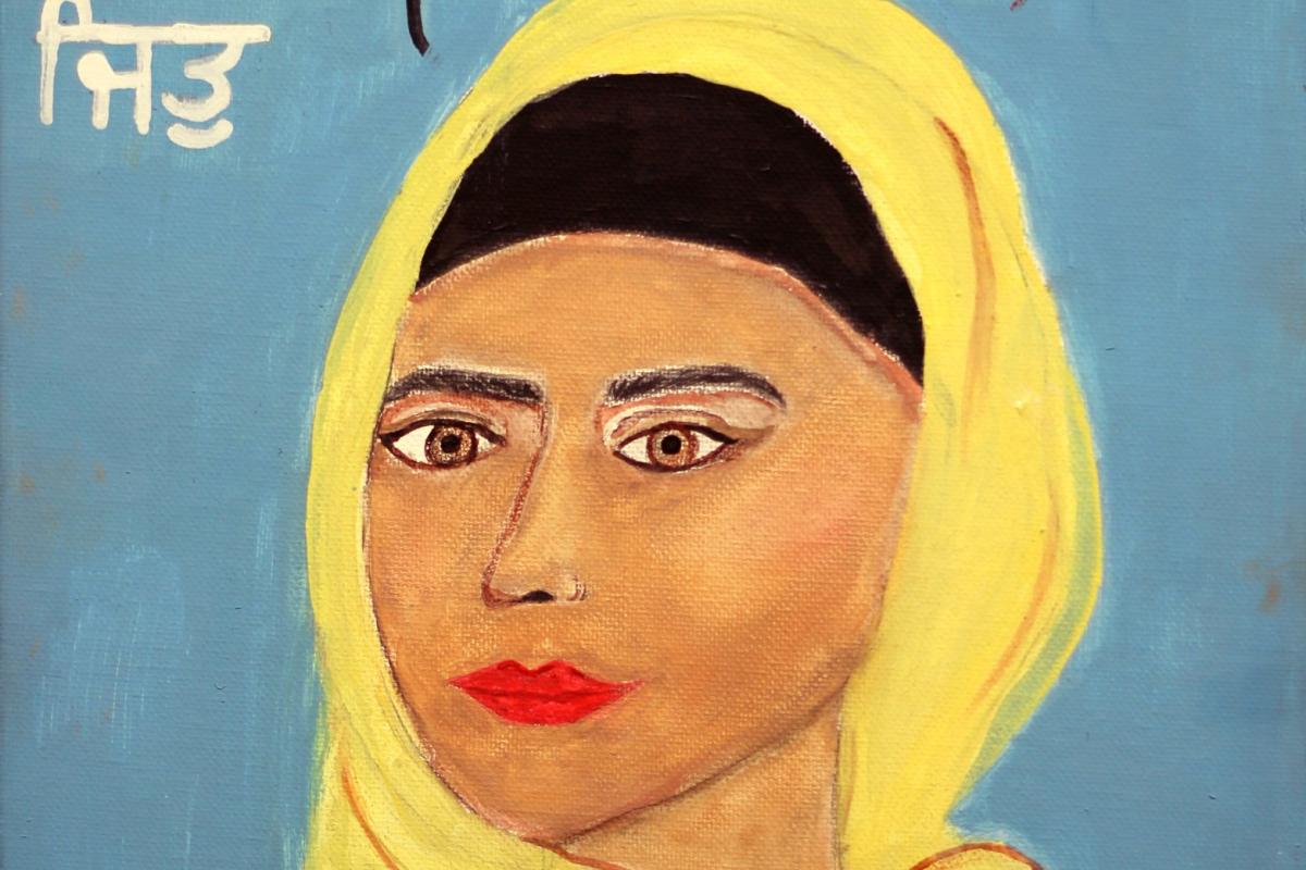 A painting of a Sikh woman wearing a yellow head scarf