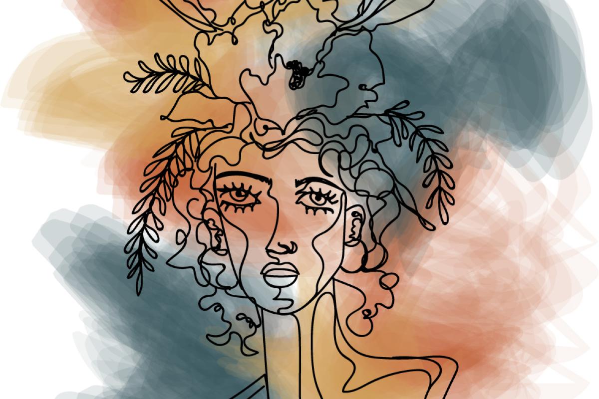 A line drawing of a woman's head wearing a hat of flowers