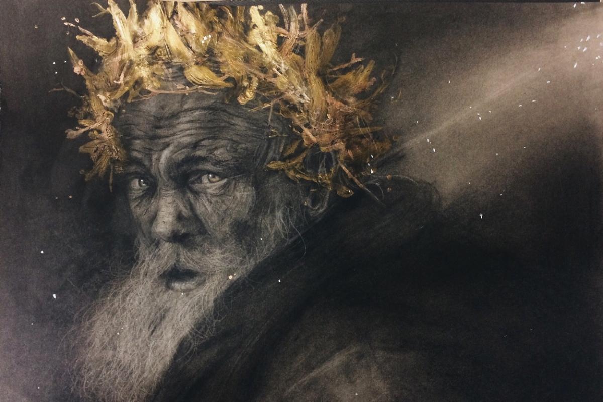 A sepia-toned painting of an elderly man with a golden grown