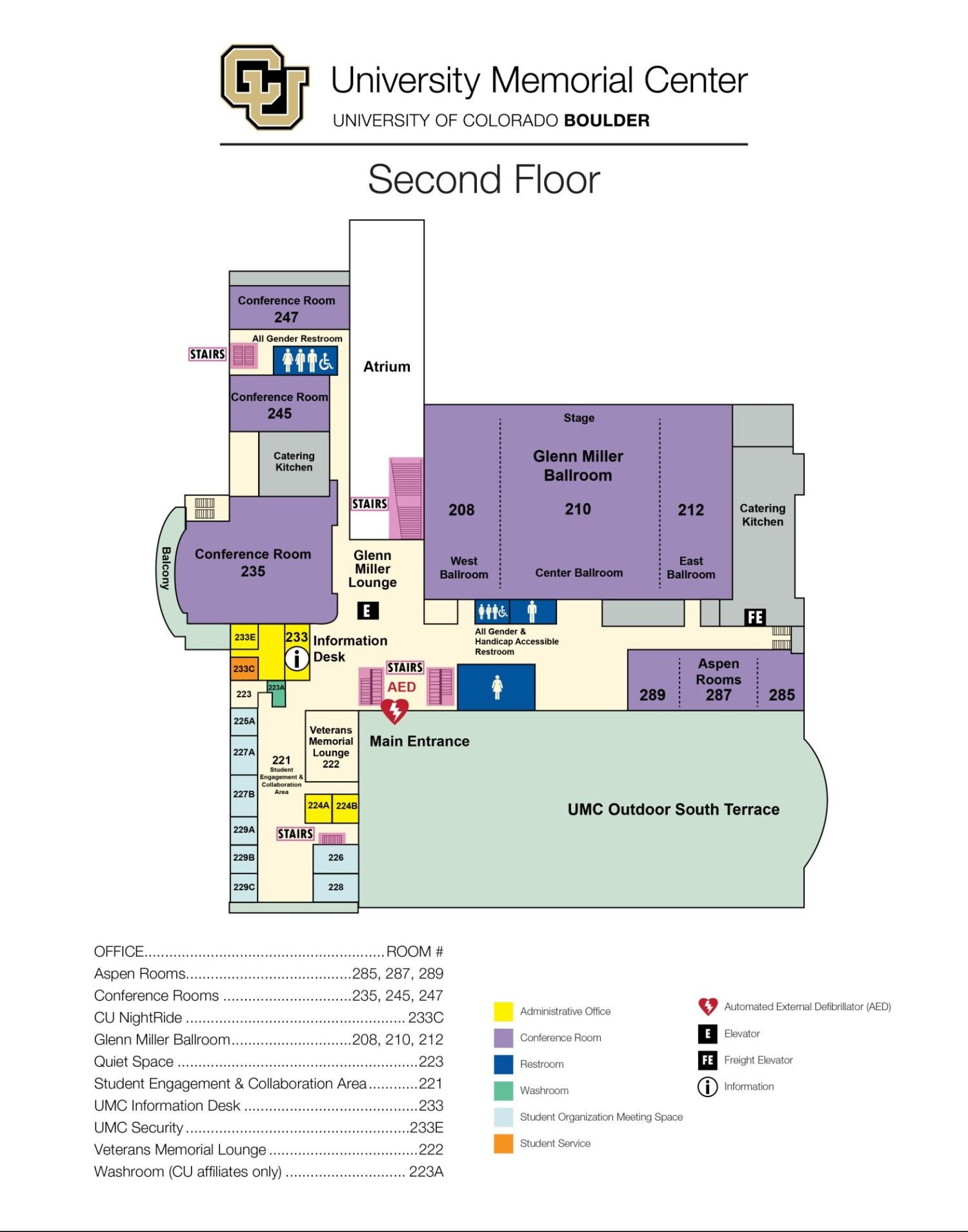 UMC second floor map showing locations of event venues, meeting rooms, offices, student lounges and the reception desk.