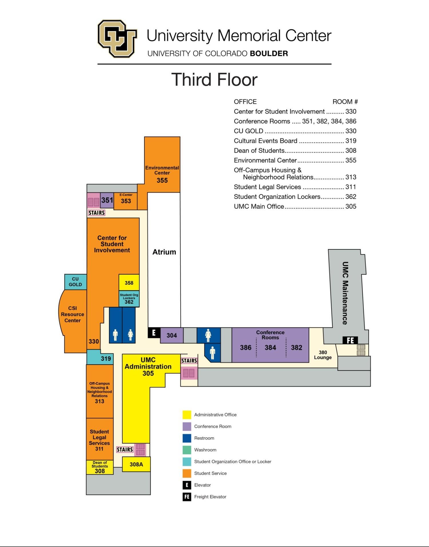 UMC third floor map showing Director's Office, Center for Student Involvement, Environmental Center, Off-Campus Housing and Student Legal Services, meeting rooms and student group offices.