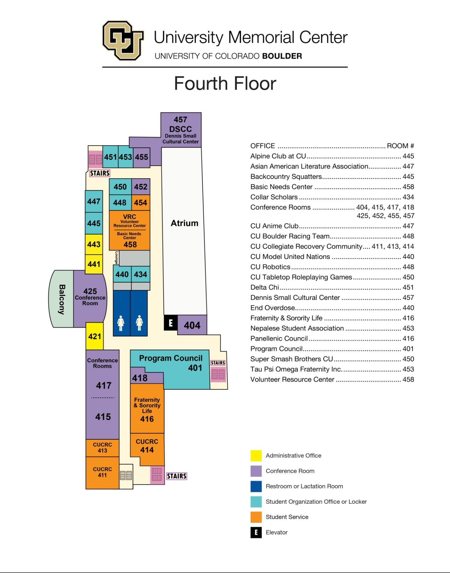 UMC fourth floor showing locations of Program Council, DSCC, Fraternity & Sorority Life, student org offices and conference rooms