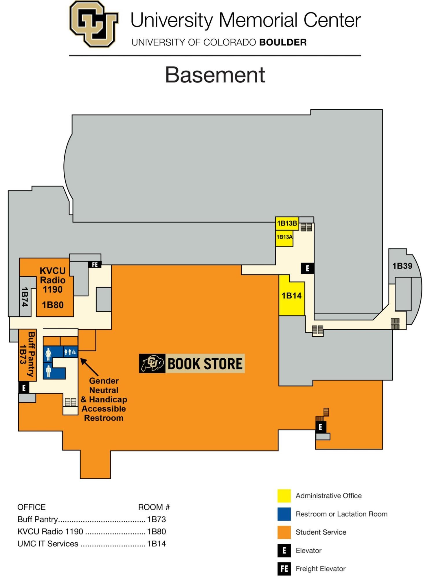 UMC basement map showing locations of CU Book Store, radio station and administrative offices.