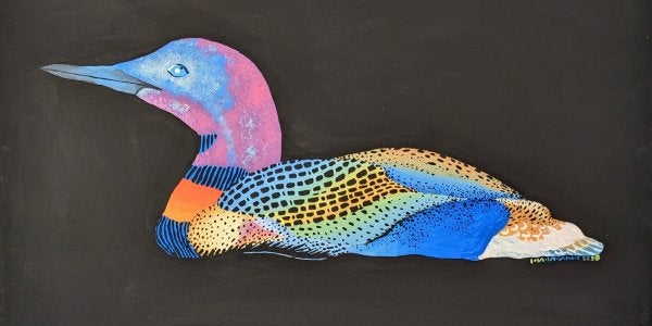 a painting of a loon in neon colors against a black background
