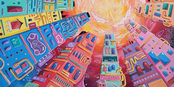 a painting of colorful buildings