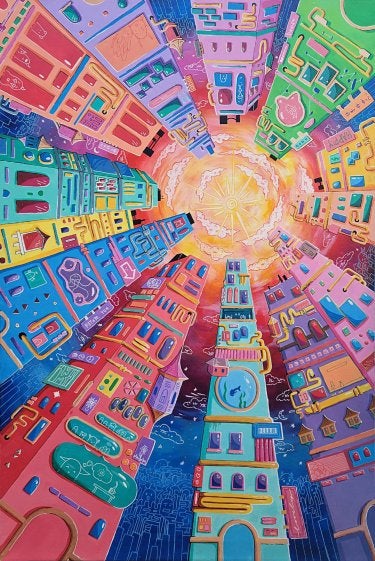 a painting of colorful buildings