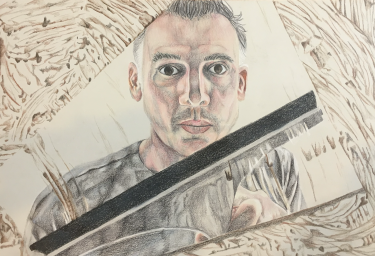 A colored pencil drawing of a man cleaning a window