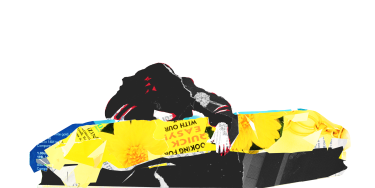 a digital collage of a man leaning over a coffin