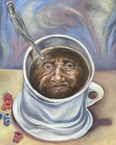 an oil painting of a mug of coffee with a face inside