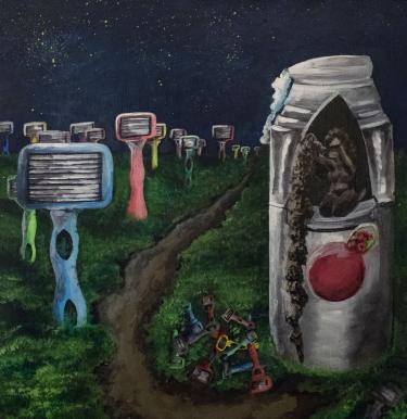A painting of shaving razors in a field
