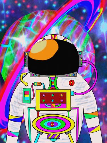A colorful illustration of an astronaut and a ringed planet