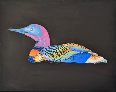 a painting of a loon in neon colors against a black background
