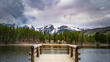 A photo of a wooden deck on Sprague Lake