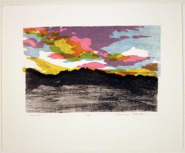 A drawing of the mountains with a colorful sunset