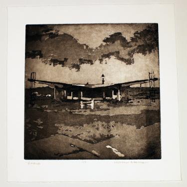A black-and-white drawing of an abandonded gas station