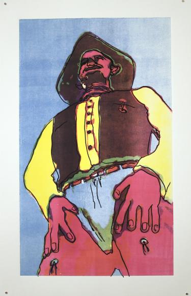 A drawing of a colorful cowboy statue