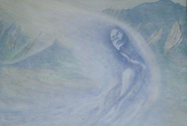 An abstract painting of a woman and snow-covered mountains