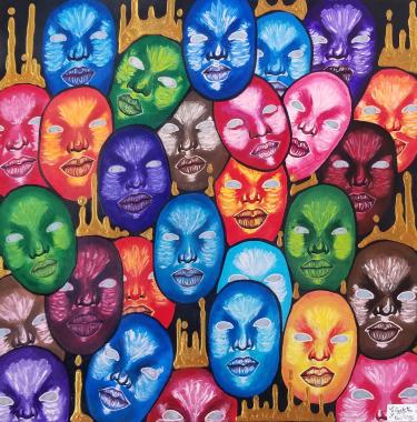 A painting of multi-colored face masks