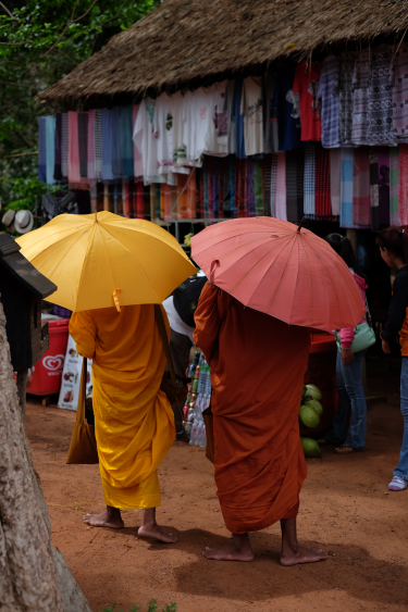 A photo of two monks with umbrellas