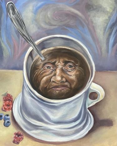 an oil painting of a mug of coffee with a face inside