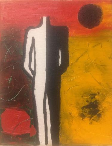An abstract painting of a headless person on a colorful background