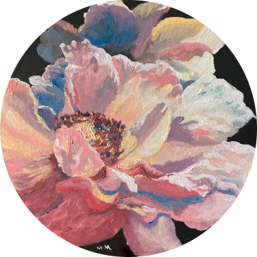 A painting of a white flower on a circular canvas