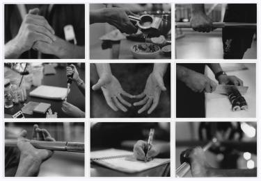 A set of black-and-white photos of hands performing various tasks