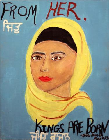 A painting titled "The Kaur Values of Freedom, Justice and Beauty" by Serene Singh