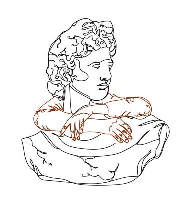 A line drawing of a marble bust being embraced from behind