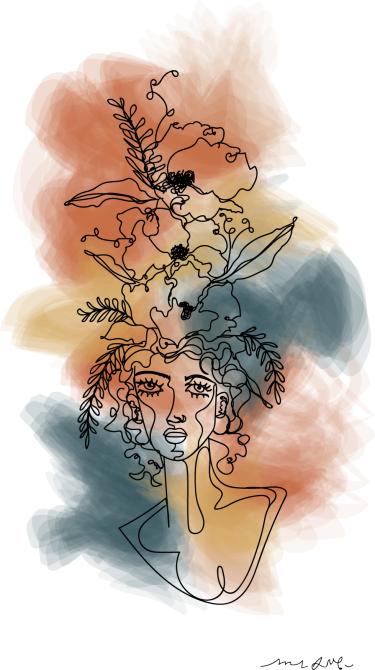 A line drawing of a woman's head wearing a hat of flowers