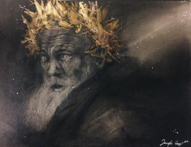 A sepia-toned painting of an elderly man with a golden grown