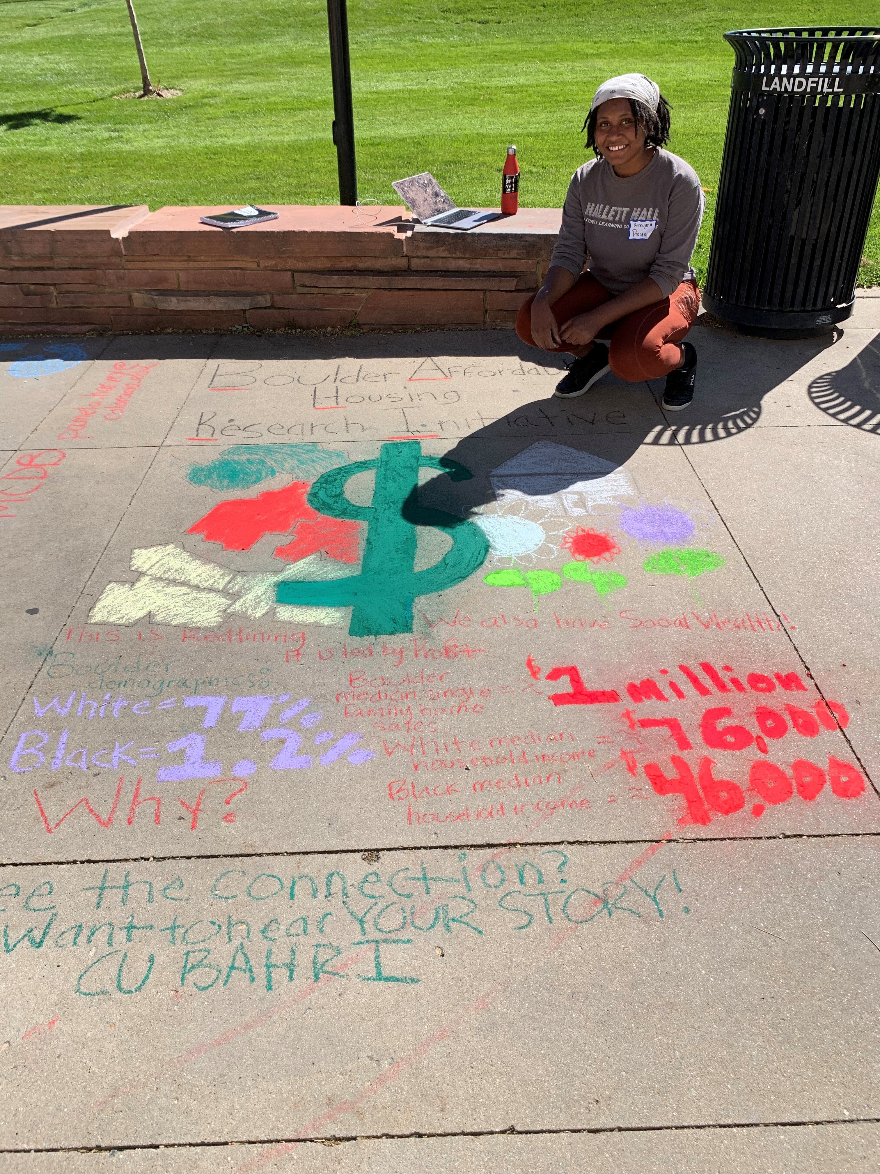 Student creating chalk art