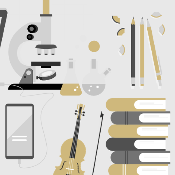 Collage of research and creative project-related tools (e.g. microscope, laptop, books, etc.)
