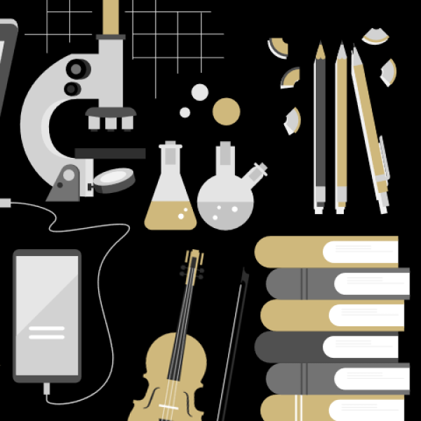 Collage of research and creative project-related tools (e.g. microscope, laptop, books, etc.)