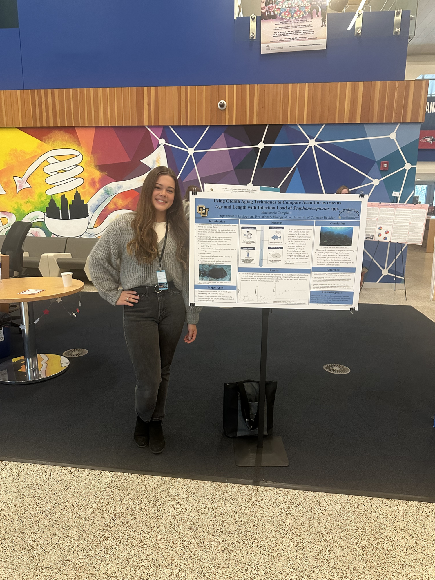 Student posing with their research poster