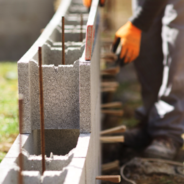 A worker places cement blocks