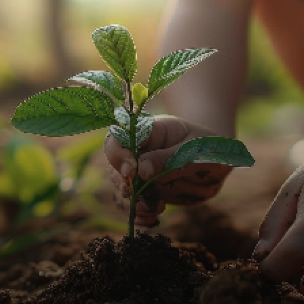 A pair of toddler's hands plant a leafy plant in rich soil