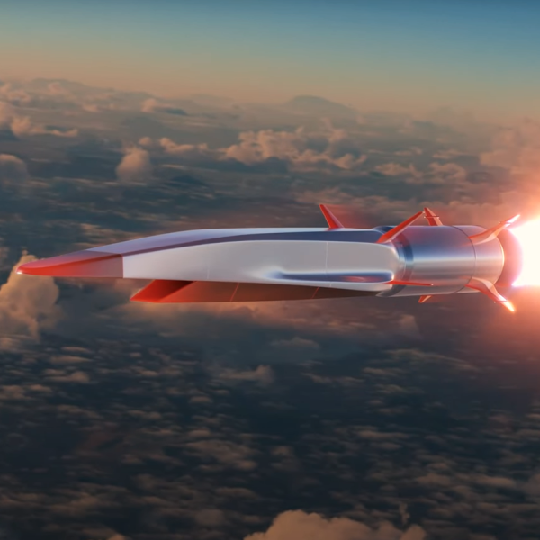 Illustration of a hypersonic aircraft flying through the clouds