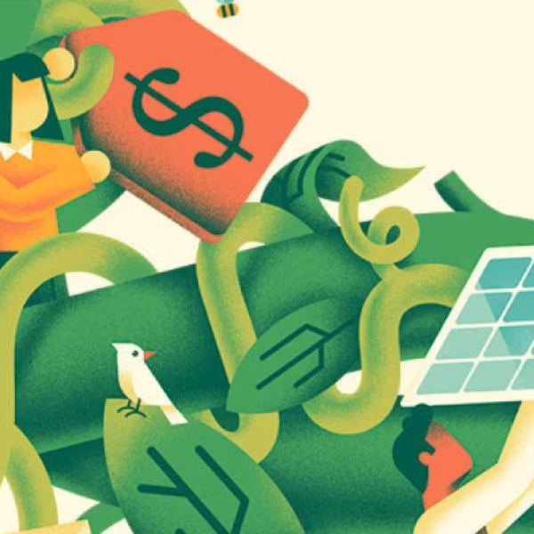 An illustration of a giant beanstock full of critters and a man carrying a solar panel and a woman carrying a giant price tag.