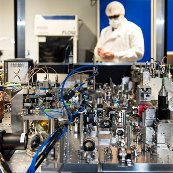 The internal hardware of a quantum computer in a laboratory.