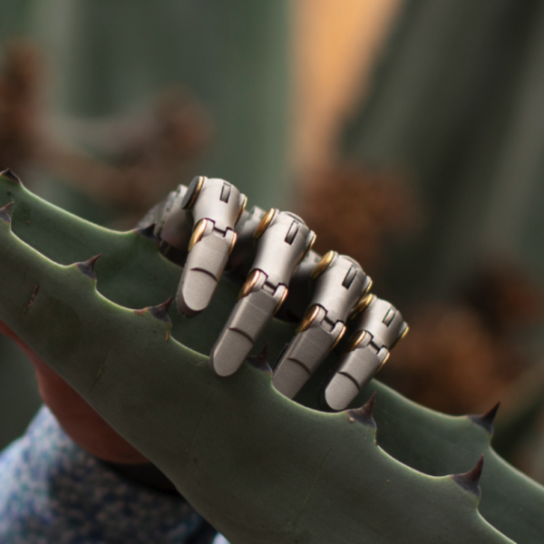 A robotic hand gently grasping the edge of a spiky agave plant, blending advanced prosthetic technology with elements of the natural environment